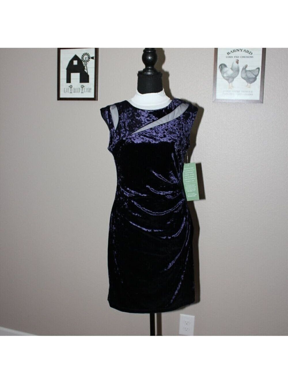 Scarlett Womens Dark Navy Blue Velvet Cocktail Dress Size 8P Mesh Inset Stretch